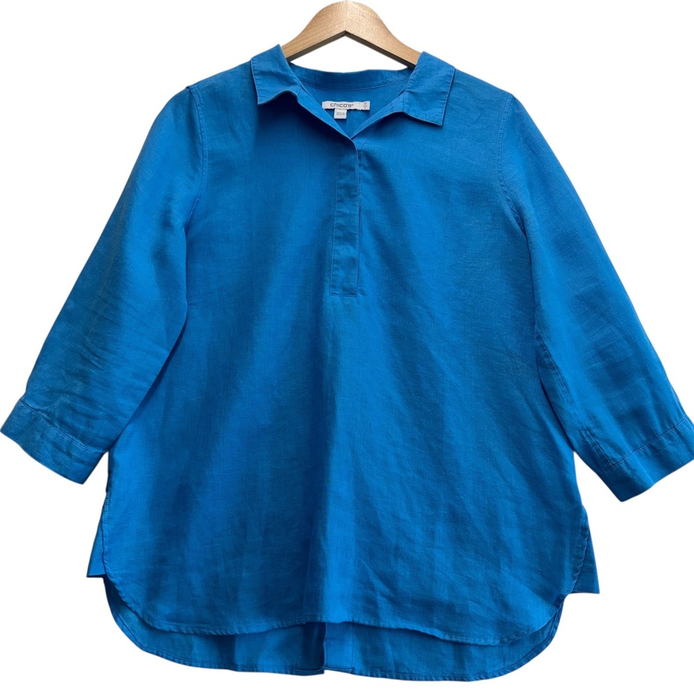 Chicos 100% Linen 3/4 Sleeve Button Back Blue Shirt Women Size 4 #473‎